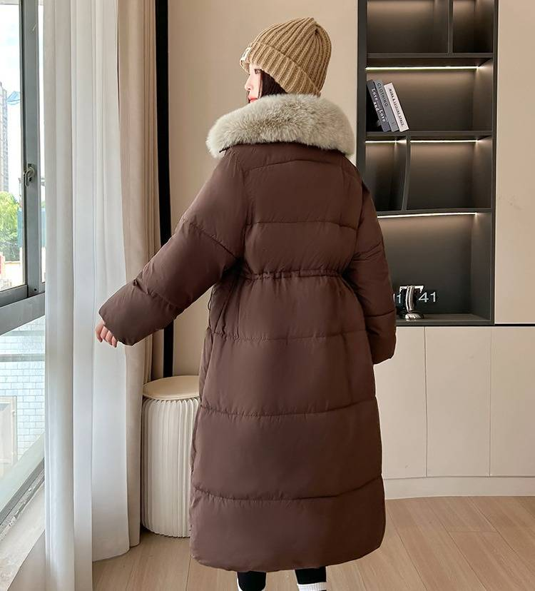 Casaco de inverno feminino luxuoso com acabamento em pele sintética – Jaqueta de inverno de comprimento médio com capuz e fecho de zíper_voghion.com