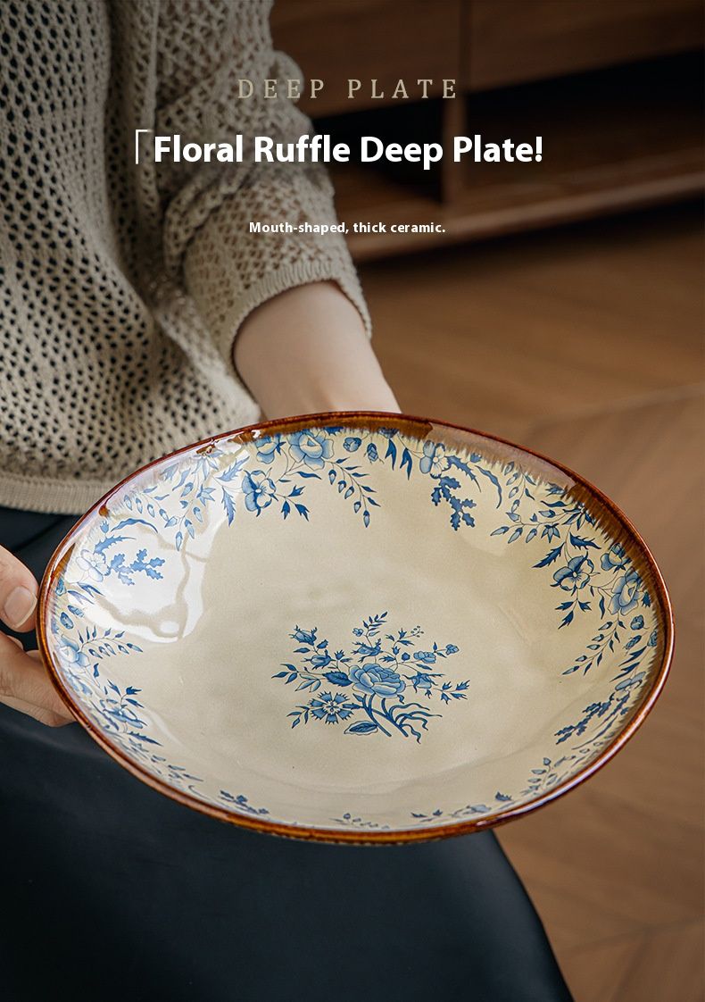 Bohemian Blue Lotus Ceramic Deep Dish – 9" Floral Pasta Plate For Salad, Soup & Home Dining (Hand-Painted, Microwave Safe, Irregular Edge Design)_voghion.com