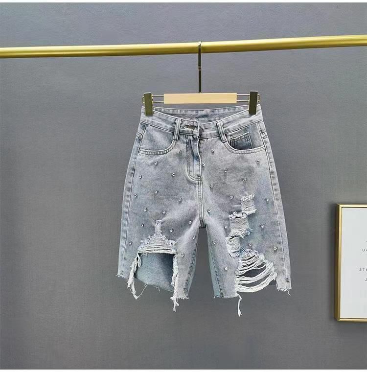 Dameskleding gescheurde denim jeans hoge taille slanke zware losse slanke vijfpunts jeans_voghion.com