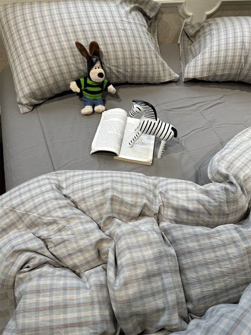 Minimalist Japanese Style Gray Plaid Bedding 100% Cotton 1.5m 1.8m Student Dormitory Duvet Cover Set 1.2m_voghion.com