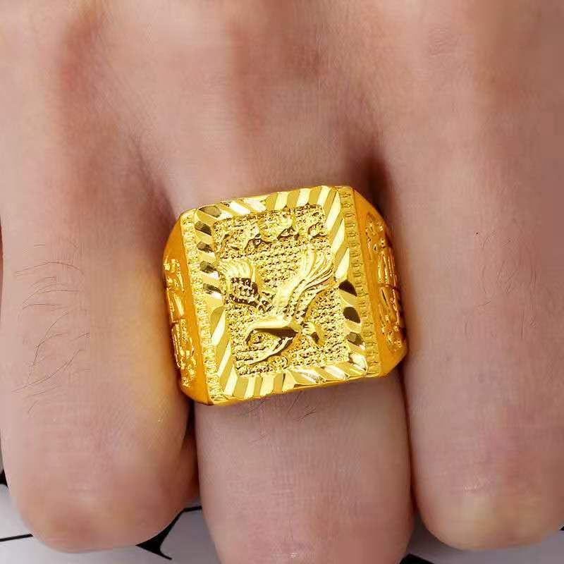 Anello da uomo con faccia larga quadrata in oro duro 3D simulato, anello aperto da uomo solido e dominante_voghion.com