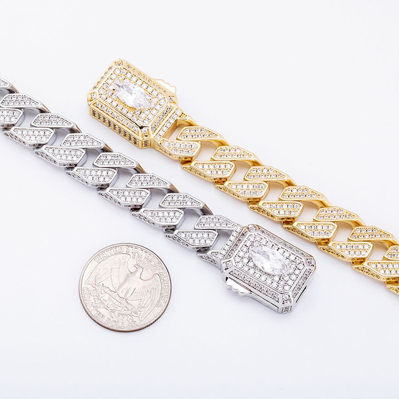 Pulsera de eslabones cubanos con cierre de resorte y circonita cúbica, estilo hip hop, disponible en oro y oro blanco._voghion.com