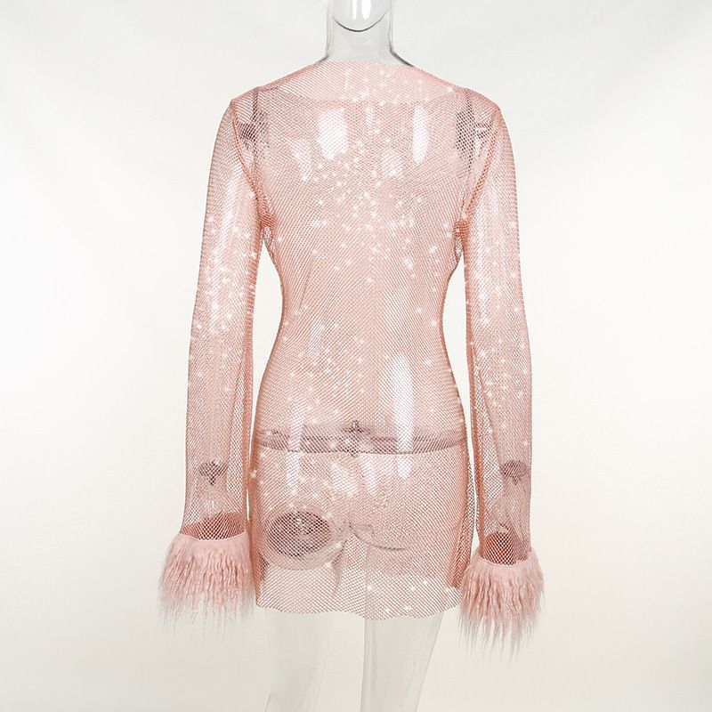 Abito da sera in rete trasparente con fili glitterati – Mini abito aderente senza maniche per la serata (nero/rosa/bianco)_voghion.com