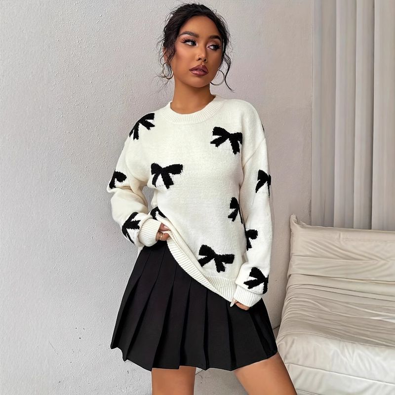 Women's Knit Sweater With Bow Detail – Oversized Long-Sleeve Pullover (S-L, Polyester, Elegant & Casual)_voghion.com