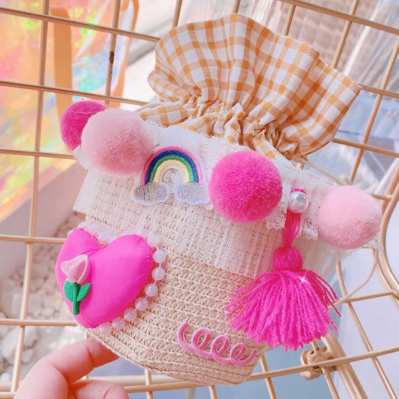 Backpacks Korean Style Colorful Lace Beach Bag For Children Tulip Vanilla Hat Bucket Summer Weave Handbag Kids Bags_voghion.com