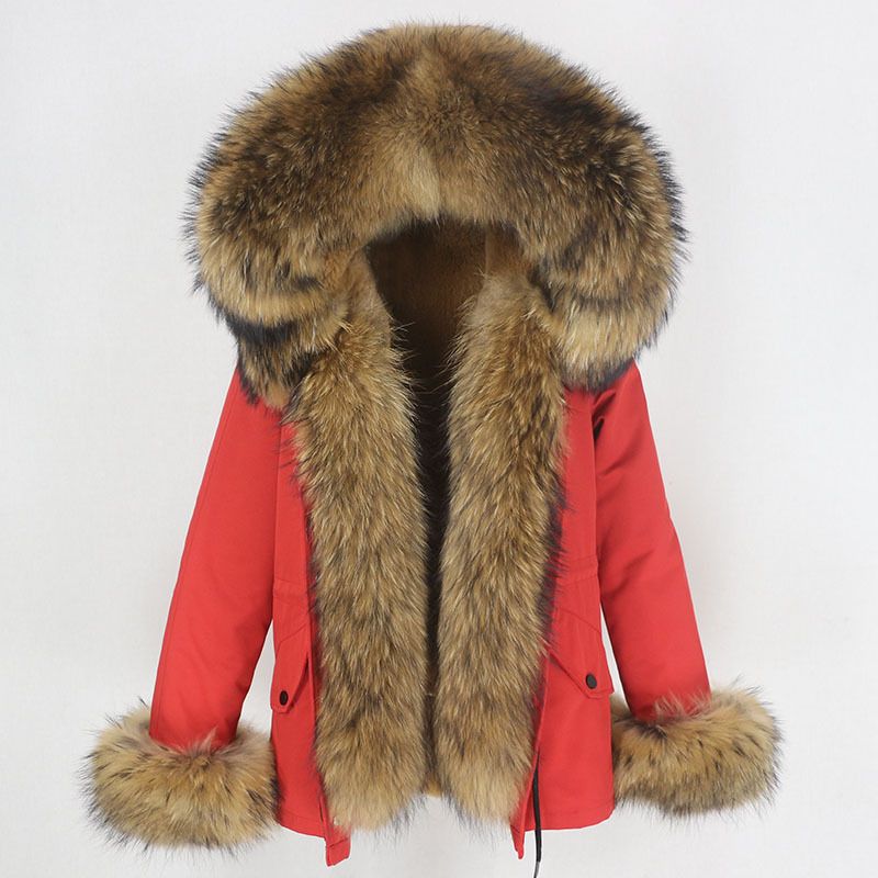 Damenbekleidung Parka im neuen Stil mit verdicktem Kunstpelzfutter, abnehmbarem echtem Waschbärpelz, großer Pelzkragenjacke, Pelzmantel_voghion.com