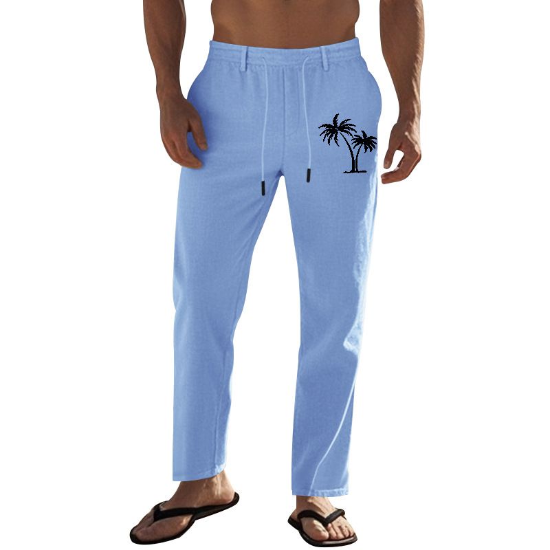 Geeignet für alle Jahreszeiten: Atmungsaktive, lockere Sporthose aus Leinen im amerikanischen Stil für Herren mit Kokosnussbaum-Print_voghion.com