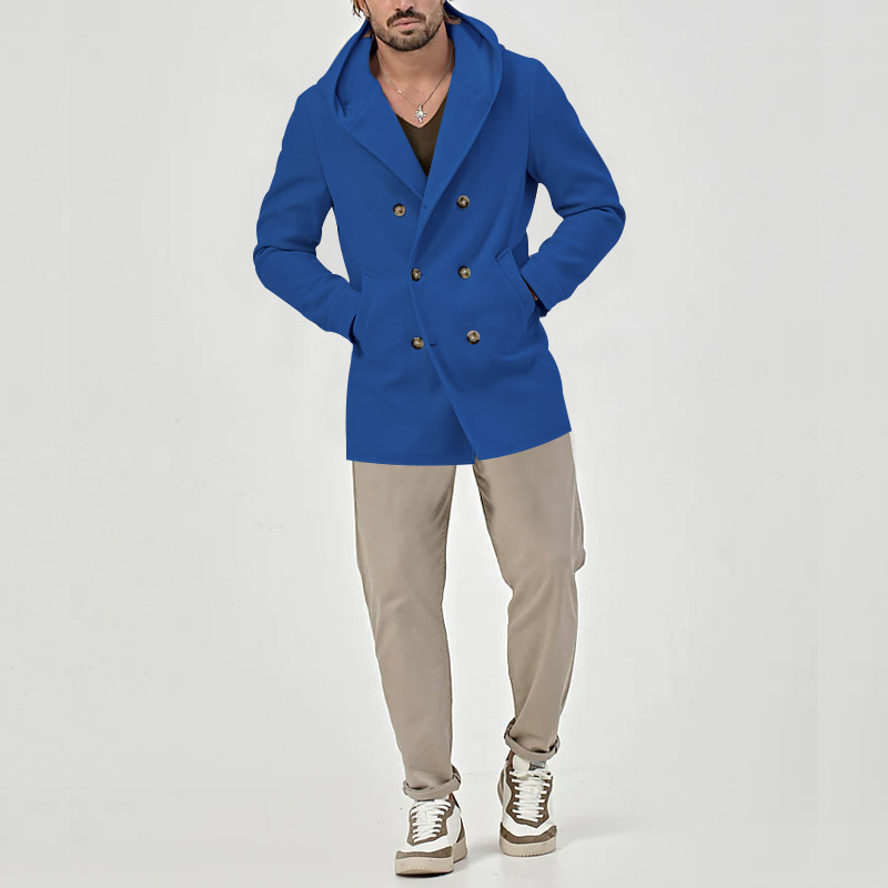 Trench doppiopetto casual di media lunghezza con cappuccio in cotone spaziale da uomo autunno inverno 2023_voghion.com