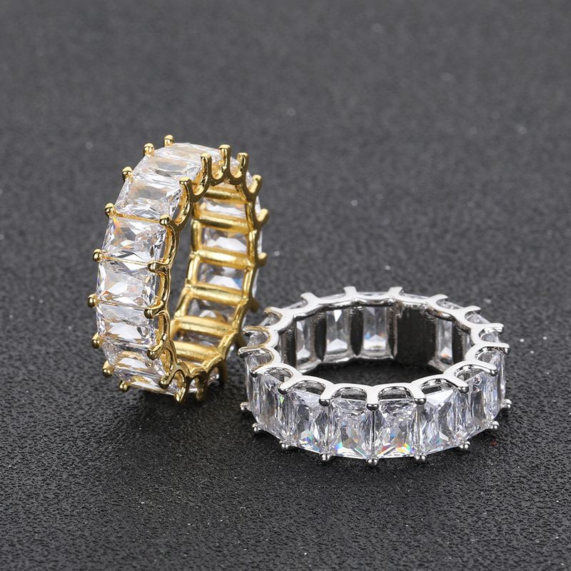 Nuovo anello da uomo hip-hop alla moda con zircone rettangolare a fila singola da 7 mm e placcato in oro autentico_voghion.com