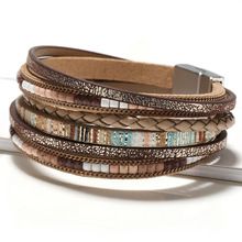 Bracciale in pelle intrecciata a mano in stile bohémien, in lega, con fibbia magnetica, multistrato, in PU, multicolore, opzionale._voghion.com