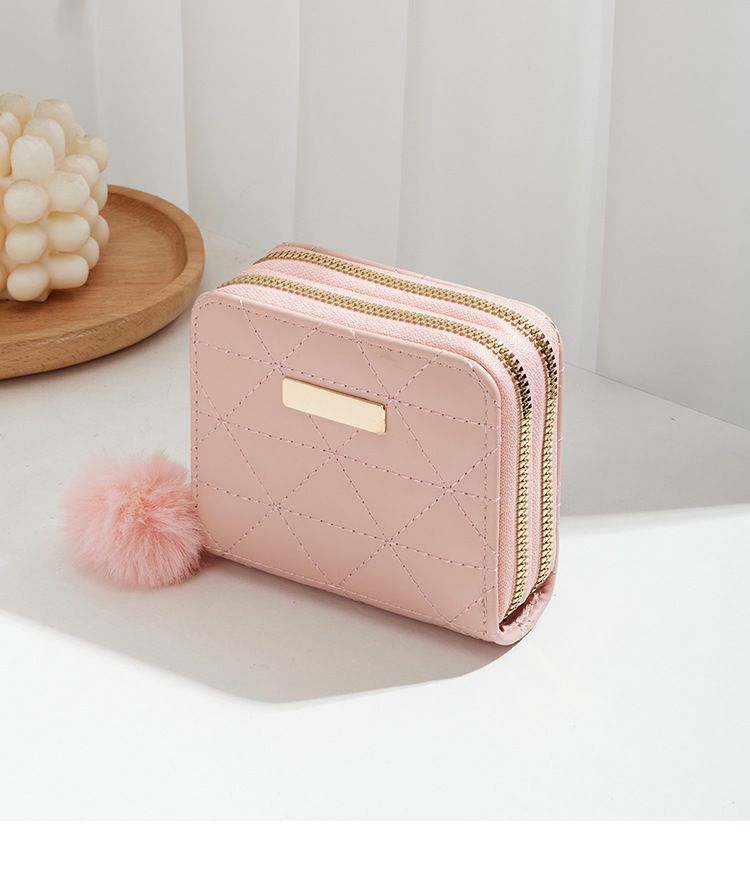 Double Zipper Short Wallet - Triangle Quilted Embroidery Clutch Solid Color ID Card Holder Purse_voghion.com