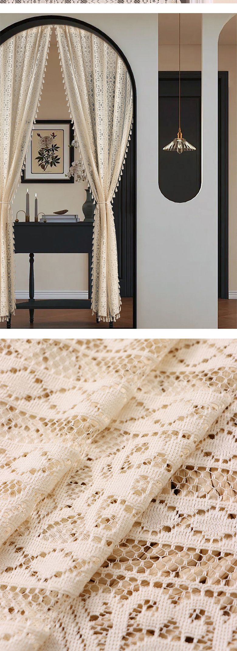 Tenda per porta in poliestere bohémien, senza foratura, in pizzo, con motivo geometrico, per soggiorno e camera da letto, divisorio vintage._voghion.com