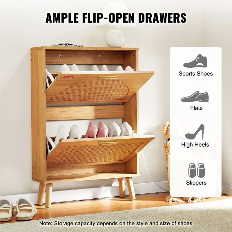 Armadio portascarpe con ante e cassetti per ingresso, 2 ripiani in rattan per scarpe, con organizer ribaltabile, in piedi, gratuito_voghion.com