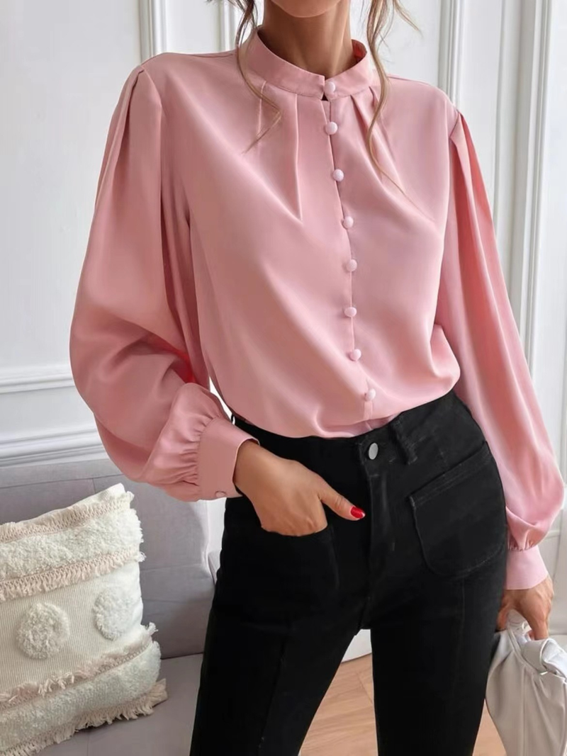 Women's Shirts Solid Color Lapel Long Sleeve Single-row Button Loose Women's Top_voghion.com