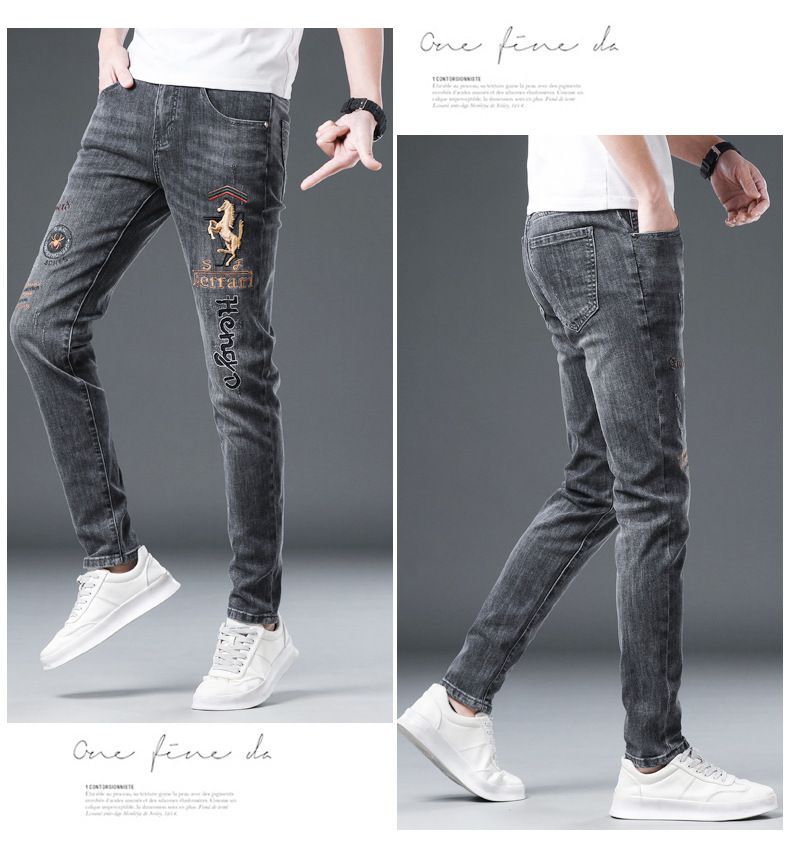 Herretøj Forårsbroderede jeans til mænd Nye modeller af grå, slim fit, strækbare herrebukser med revne og borede detaljer_voghion.com