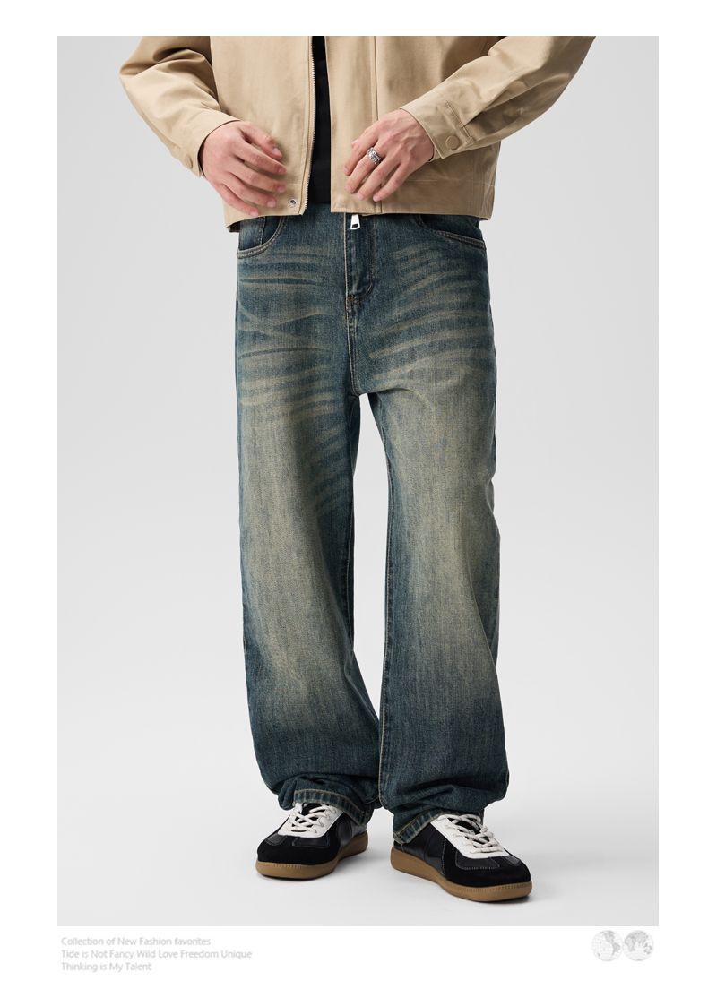 Jeans elasticizzati CLeanfit da uomo, larghi e dritti, Harlan, alla moda, lunghi, a vita media, stile retrò americano, lavato, K11, denim, otto cilindri, Xiansen Zhi Clothes_voghion.com