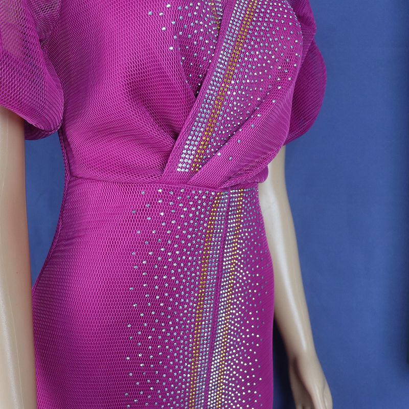 Damenbekleidung Damenkleid Mesh Hot Diamond Puffärmel elastischer V-Ausschnitt Mode langer Rock_voghion.com