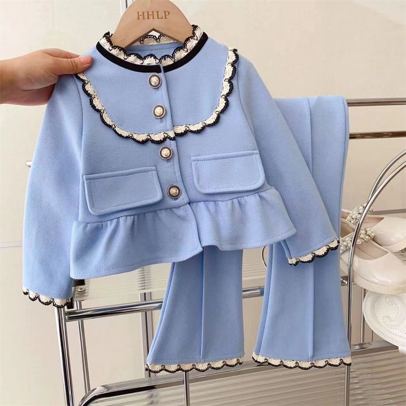 Abbigliamento per bambini Nuovo completo per ragazze, stile temperamento, stile piccolo profumo, giacca in pizzo + pantaloni svasati, completo in due pezzi, vestiti primaverili 2024_voghion.com
