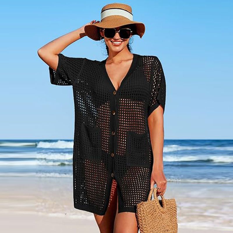 Strandüberzug aus Spitze und Strick mit kurzen Ärmeln für Damen – leichtes, sonnenschützendes Bademoden-Überkleid für Urlaub, Pool und Sommerausflüge_voghion.com