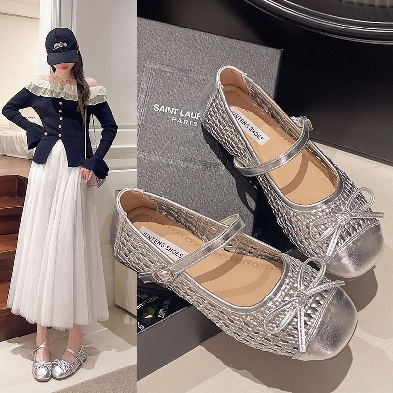 Lässige Hohlloch-Einzelschuhe mit gewebtem Bogen und quadratischem Kopf, flache Freizeitschuhe_voghion.com