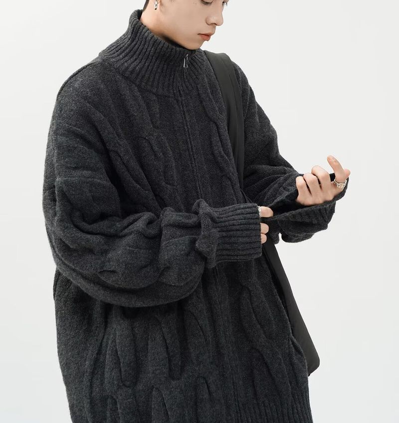 Maglione semi-dolcevita da uomo - Cardigan oversize in maglia a trecce con tessuto elasticizzato traspirante, abbigliamento unisex per l'autunno (nero/kaki/blu)_voghion.com