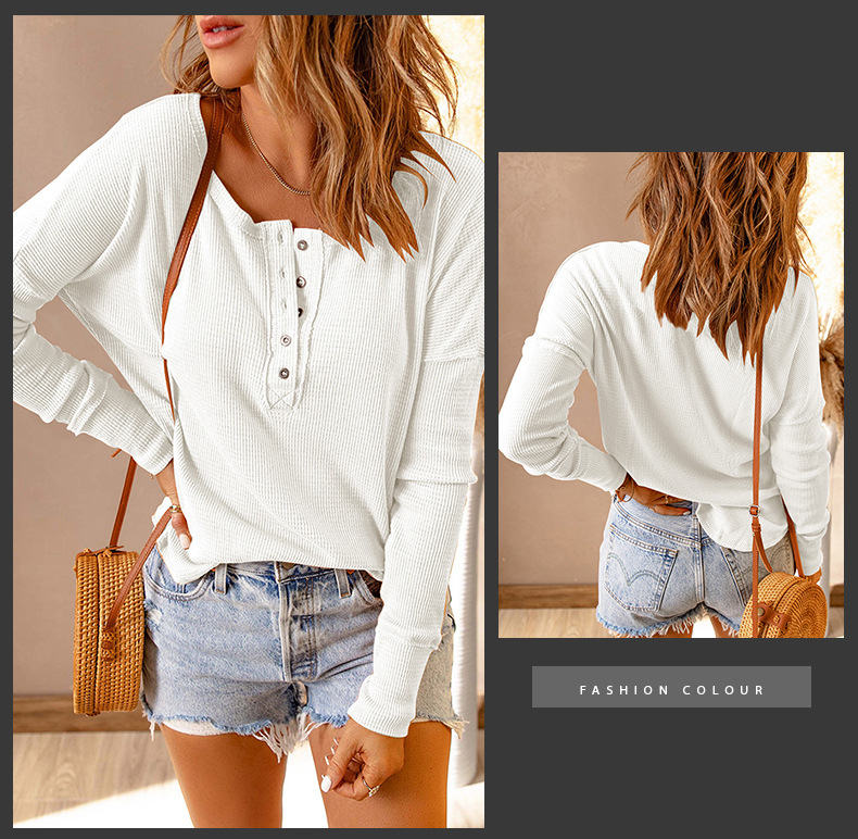 Women's Clothing Long-sleeved Knitted Sweater Bottoming Top Autumn and Winter New Round Neck Slim Button Waffle Bottoming Shirt_voghion.com
