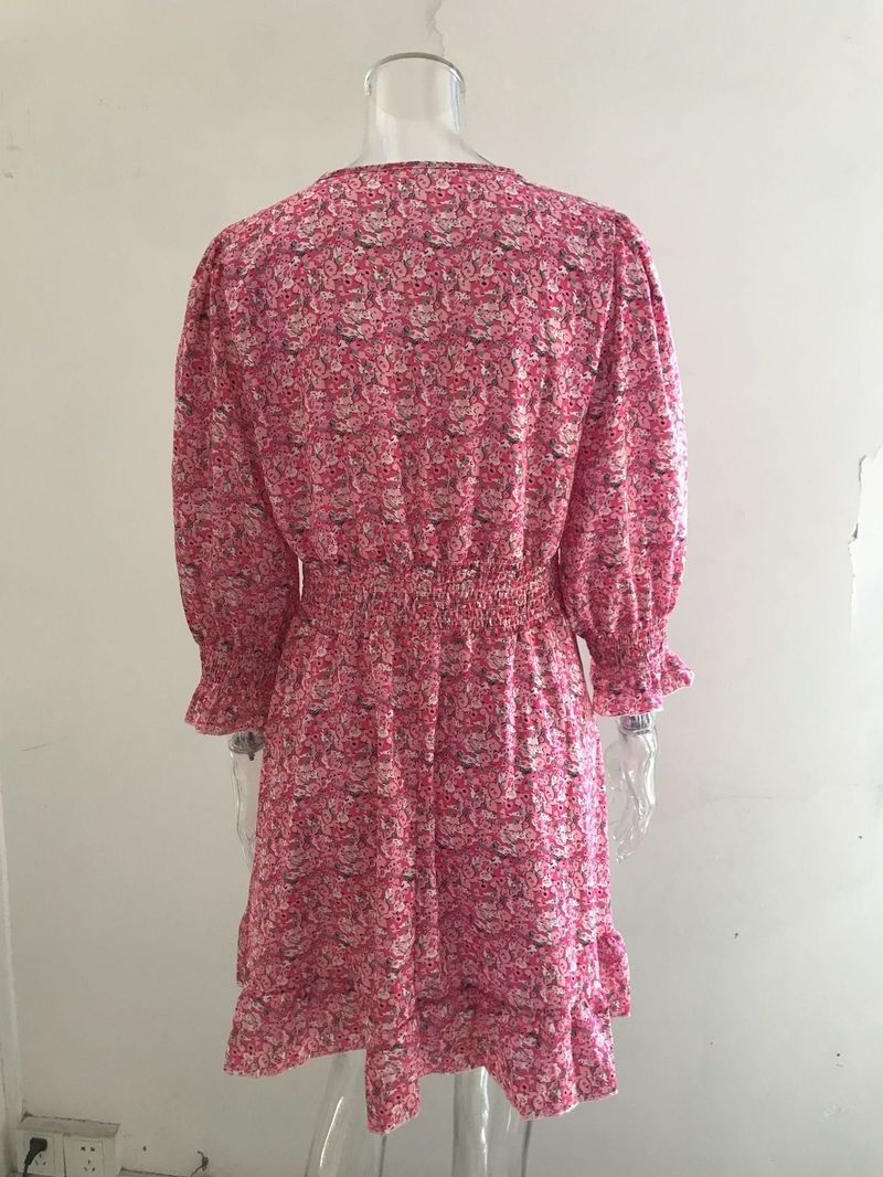 Damenbekleidung Mittellanges Kleid mit Taillenpullover, böhmisches, bedrucktes, kurzärmliges, fragmentiertes Blumenkleid_voghion.com