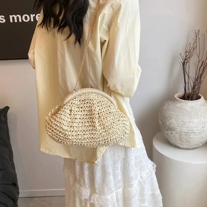 Borsa da donna in paglia intrecciata con tracolla a catena, grande capacità, elegante, a tracolla, tinta unita, per spiaggia estiva, 250614l_voghion.com