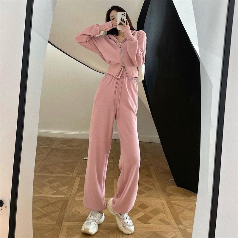 Early Autumn Sports Style Double Zipper Hoodie Short Jacket Drawstring Jogger Pants Set Two-Piece Women's Outfit_voghion.com