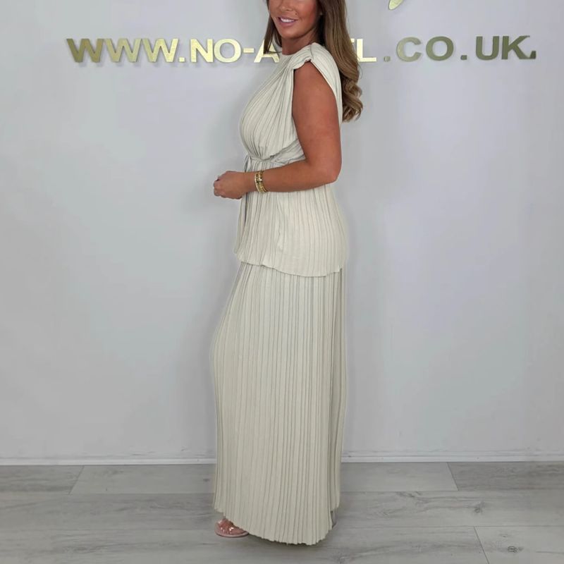 Completo da donna 2025 in due pezzi, senza maniche, con scollo rotondo, tinta unita, pantaloni dritti a pieghe, resistente alle pieghe_voghion.com