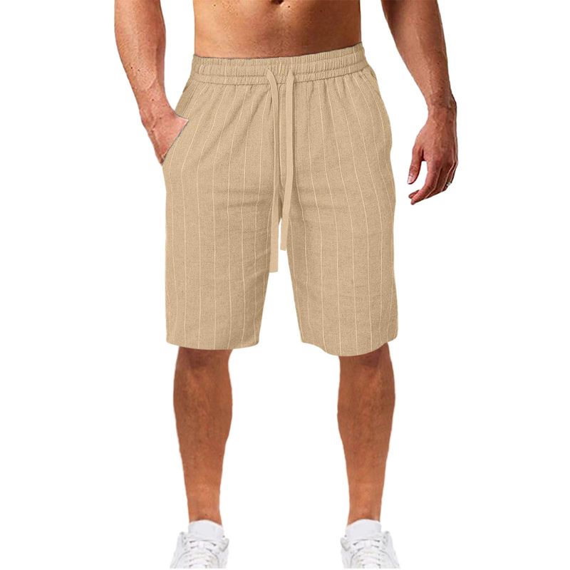 Unschlagbare Qualität Neue Herren-Strandhose mit vertikalem Streifenmuster und elastischem Bund aus Baumwolle und Leinen, Freizeitshorts A714_voghion.com