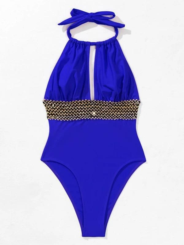 Women's V-neck mesh sequin board strap solid color one-piece swimsuit sexy lady swimsuit female bikini_voghion.com