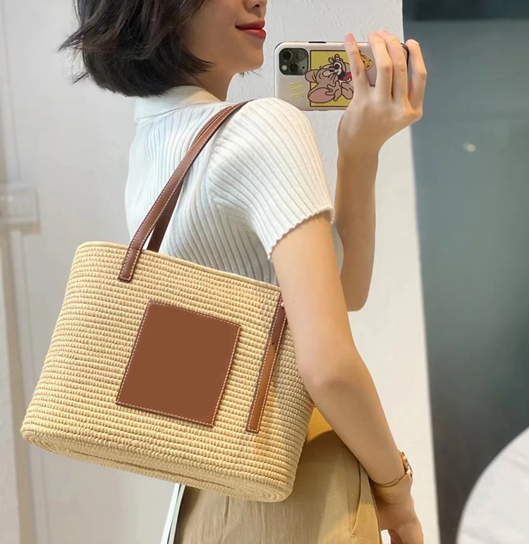 Borsa in paglia fatta a mano naturale con manico in pelle Borsa intrecciata in rattan da spiaggia a spalla singola in rafite alla moda_voghion.com