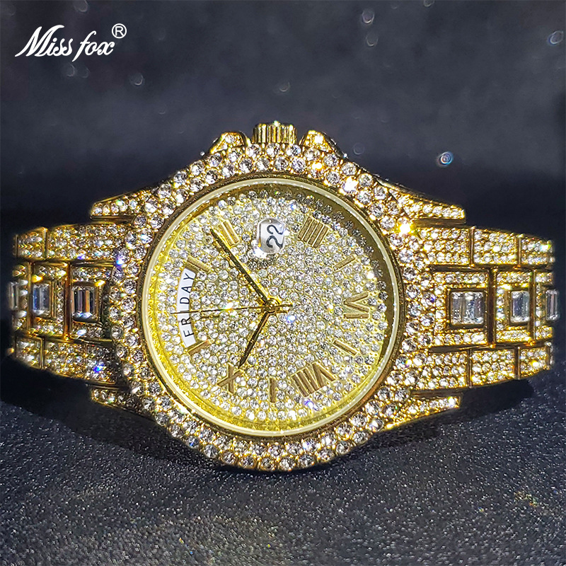 MISSFOX Dual Calendar New Full Diamond Luxury Men's Quartz Gentlemen's Watch Gold Fashion_voghion.com