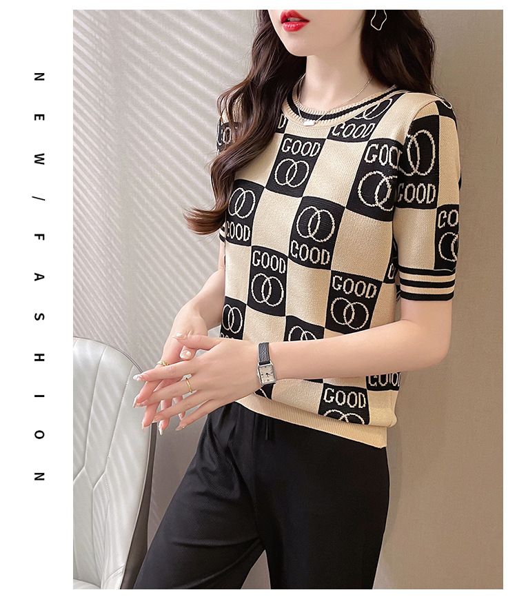 Women's Clothing Color Matching Ice Silk Sweater New Fashion Round Neck Pullover Top Stylish Bottoming Shirt_voghion.com