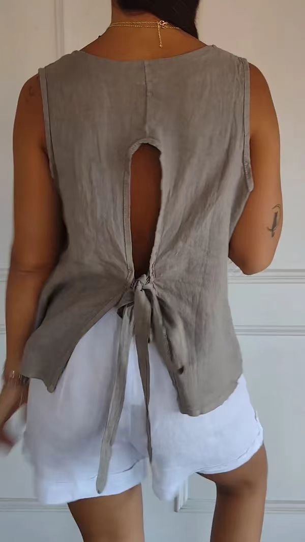 Dameskleding Zomer Casual Effen Katoenen en linnen V-hals Mouwloos vest_voghion.com