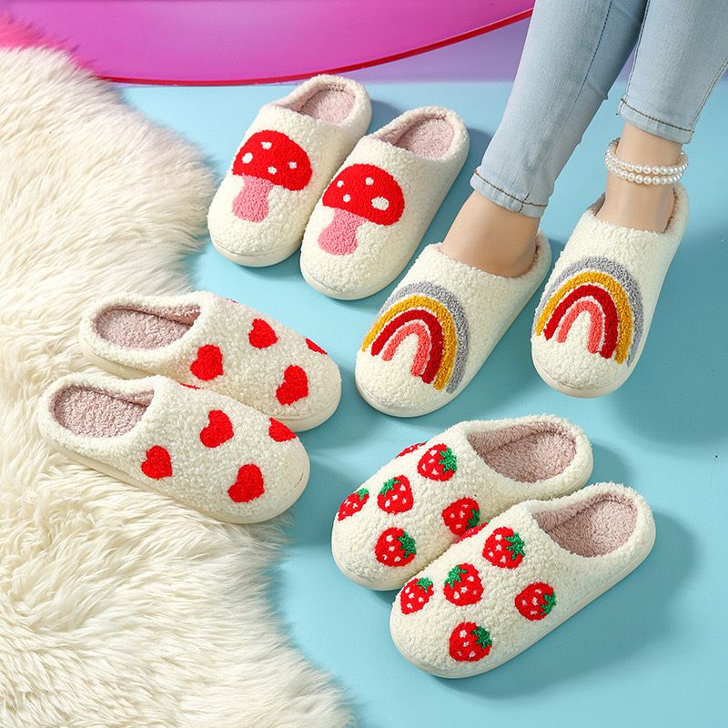 Ciabatte in cotone con cuore di fungo fragola, stampate, unisex, autunno inverno, foderate in peluche, calde, chiuse, per interni_voghion.com