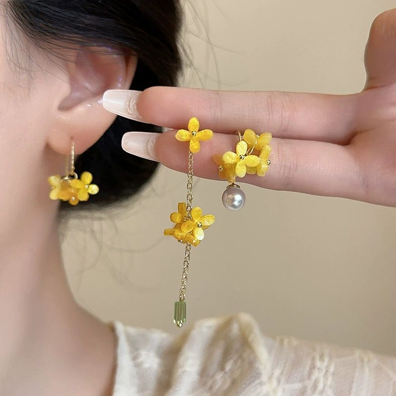 Orecchini a spirale antizanzara con nappa lunga in stile foresta di osmanto dorato autunnale, design di nicchia dolce, ganci per orecchini di alta qualità_voghion.com