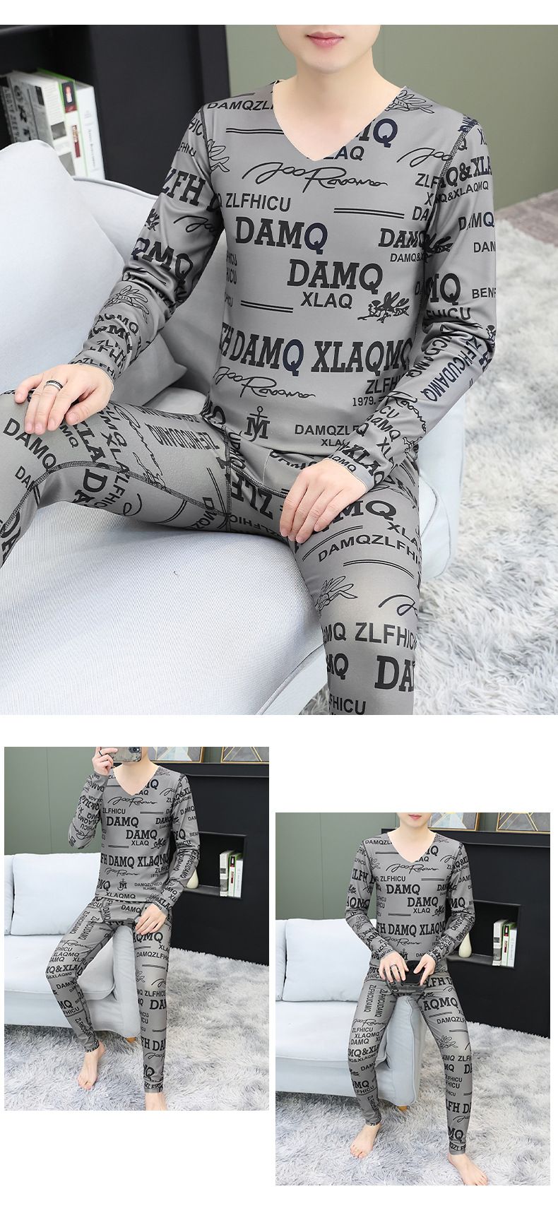 Men's Thermal Underwear Set Winter Warm Seamless V-Neck Base Layer Top & Bottom Stretchy Comfort Fit High Elasticity Grey/Black/Green_voghion.com