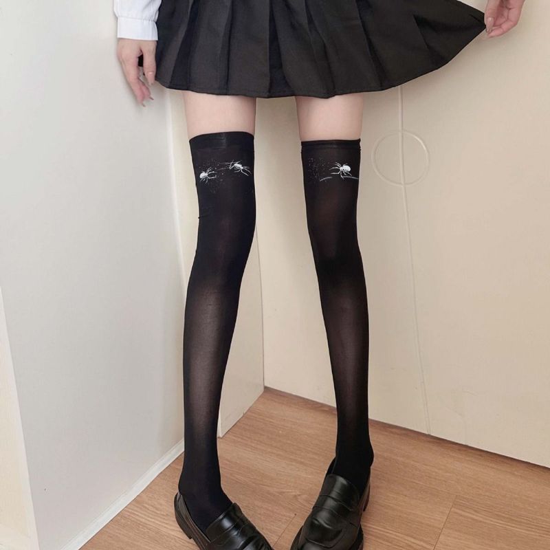 Overknee-Strümpfe aus Samt für Damen, dünne weiße lange Strümpfe, bedruckte schwarze Halloween-Oberschenkelsocken mit Spinnenmuster_voghion.com
