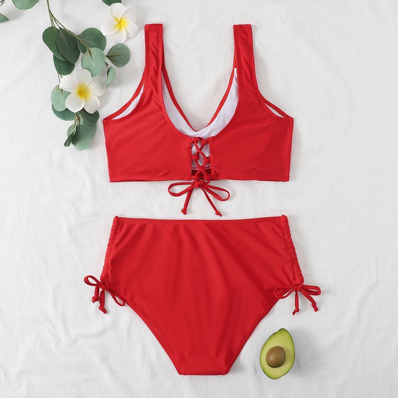 Costume da bagno da donna, bikini con spalline incrociate, tinta unita, a vita alta_voghion.com