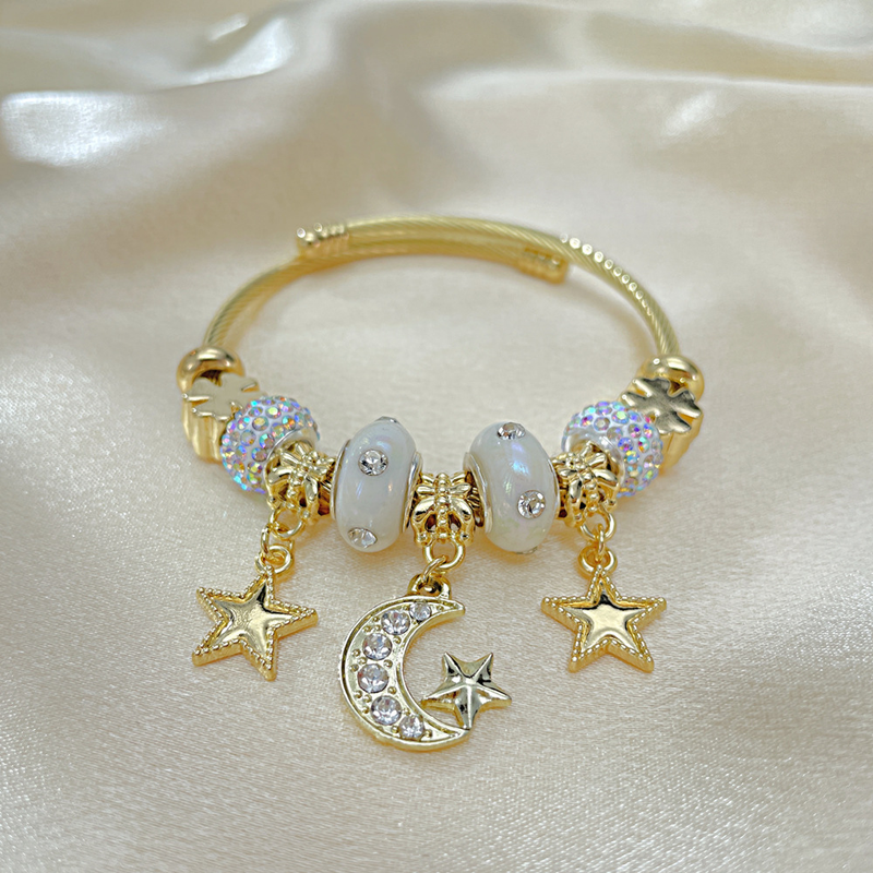 European and American Fashion Versatile DIY Wire Ring Bracelet Personalized Star Moon Pendant Gold Open Titanium Steel Bracelet for Women_voghion.com
