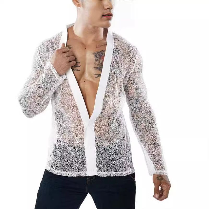 Polo a maniche lunghe con cardigan in rete trasparente tinta unita, casual, da uomo, estate 2024, di qualità imbattibile_voghion.com