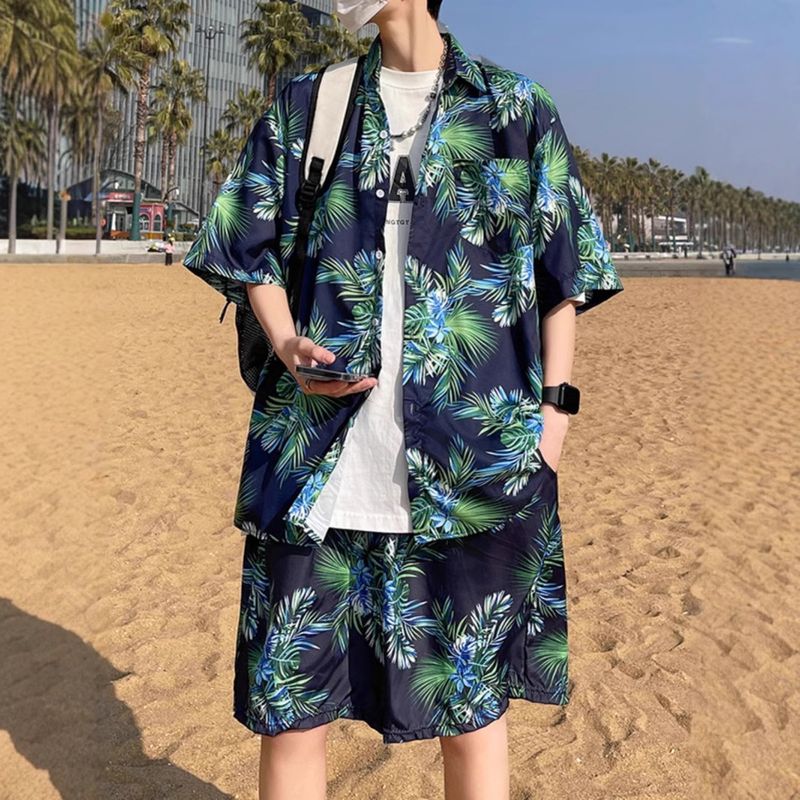 Pantaloni da spiaggia da uomo Sanya Travel And Leisure, pantaloncini ad asciugatura rapida in seta ghiacciata, camicia a fiori Seaside Vacation, completo Hawaii_voghion.com