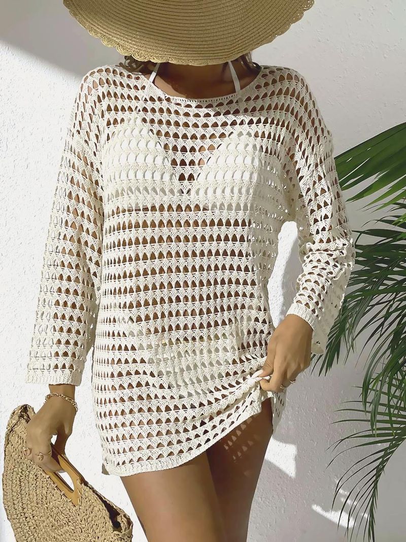 Damenbekleidung Sexy Strickpullover mit Hohlsaum, Rundhalsausschnitt, langärmelig, Bikini-Badeanzugbluse_voghion.com