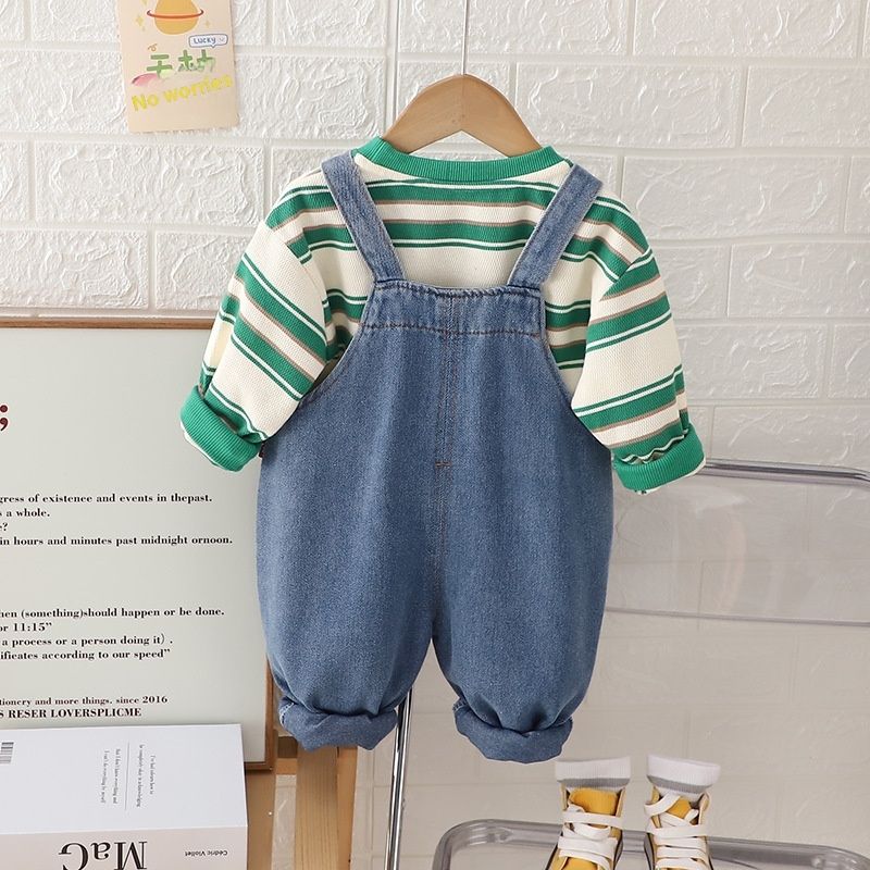 Set da due pezzi per bambini 2024, elegante felpa con cappuccio a righe, set di salopette in denim per bambini autunnali_voghion.com