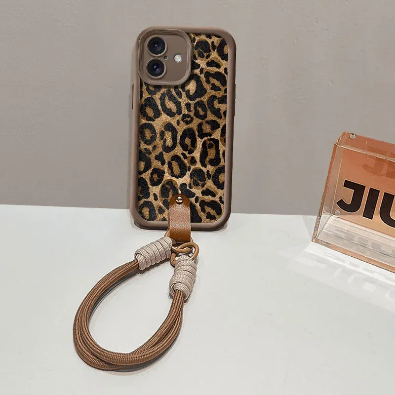 Etui na nadgarstek z łańcuszkiem na nadgarstek do Xiaomi Poco X7 Redmi Note 14 Pro Plus z nadrukiem w panterkę, odporne na wstrząsy, pasek na telefon_voghion.com