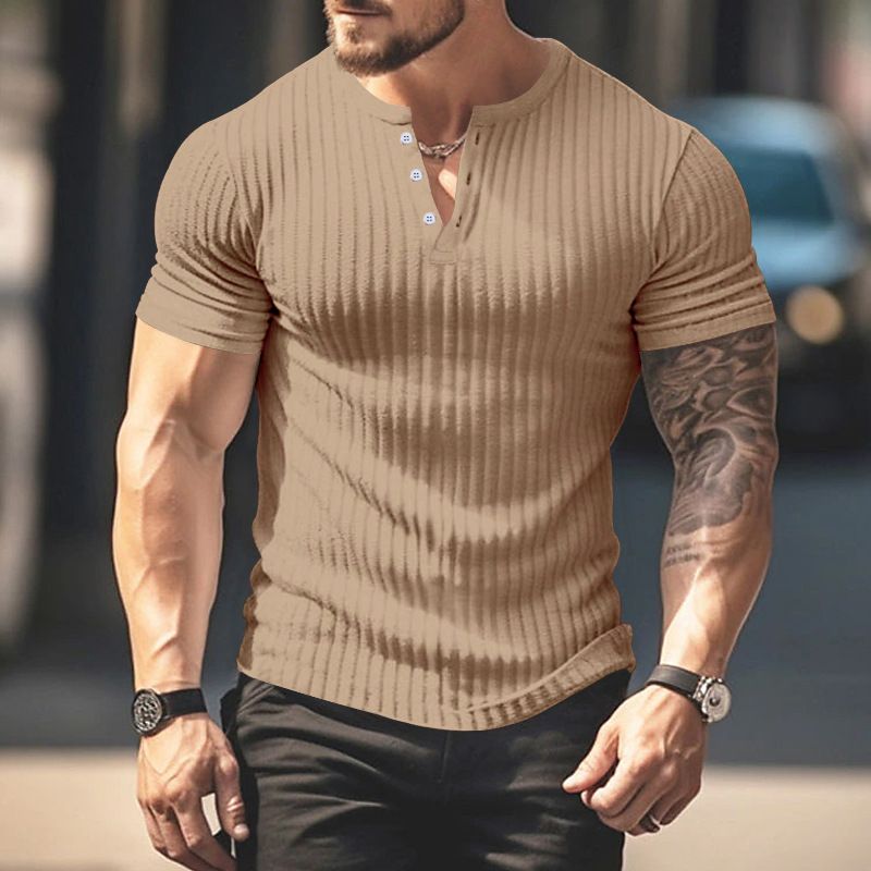 Solid Color Men's New Summer Versatile Short Sleeved Henley Shirt Casual Knitted T-shirt_voghion.com