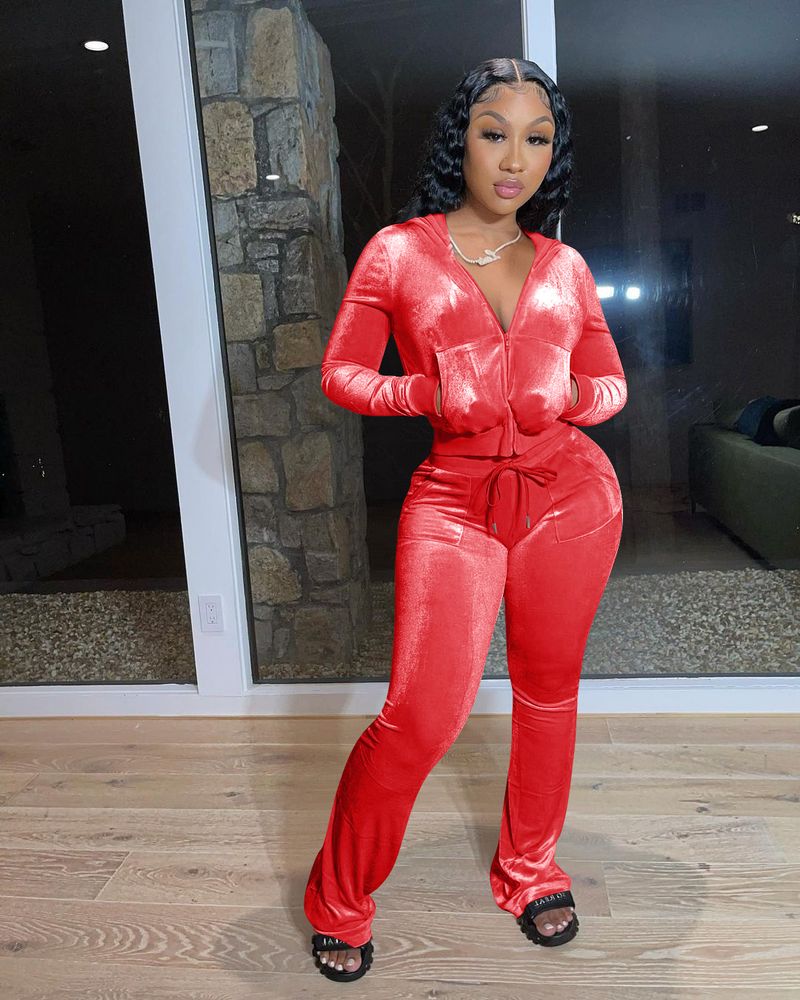 Women's Solid Color Multi-color Casual Canary Pocket Hooded Zipper Hoodie Wide Leg Pants Two-piece Set_voghion.com