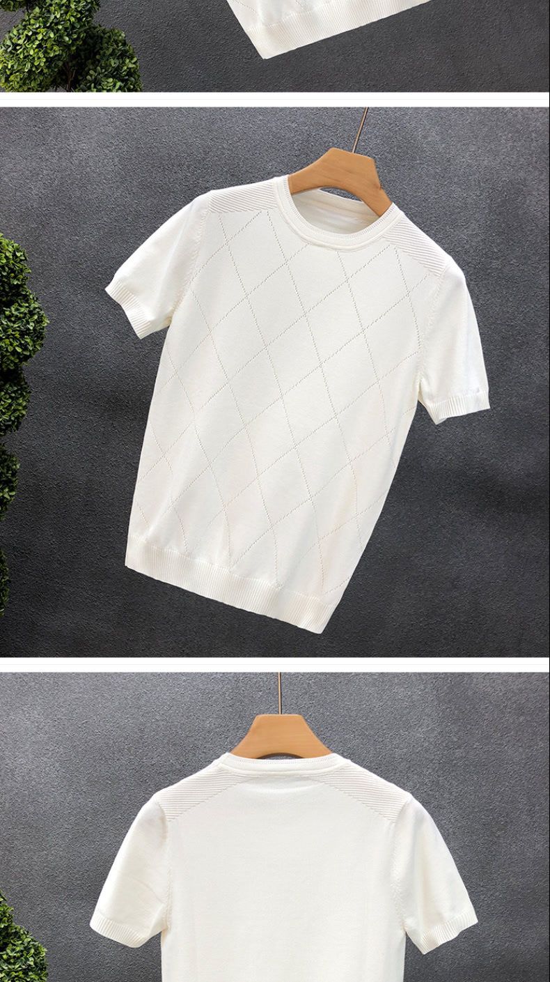 Maglietta intima da uomo estiva 2024, maglietta alla moda con scollo rotondo e mezze maniche, camicia di alta qualità a quadri con diamanti, in seta lavorata a maglia_voghion.com